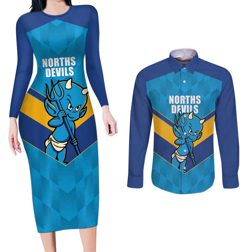 Norths Rugby Custom Couples Matching Long Sleeve Bodycon Dress and Long Sleeve Button Shirt Go Devils Mascot Sporty Style - Aussie Hoodie