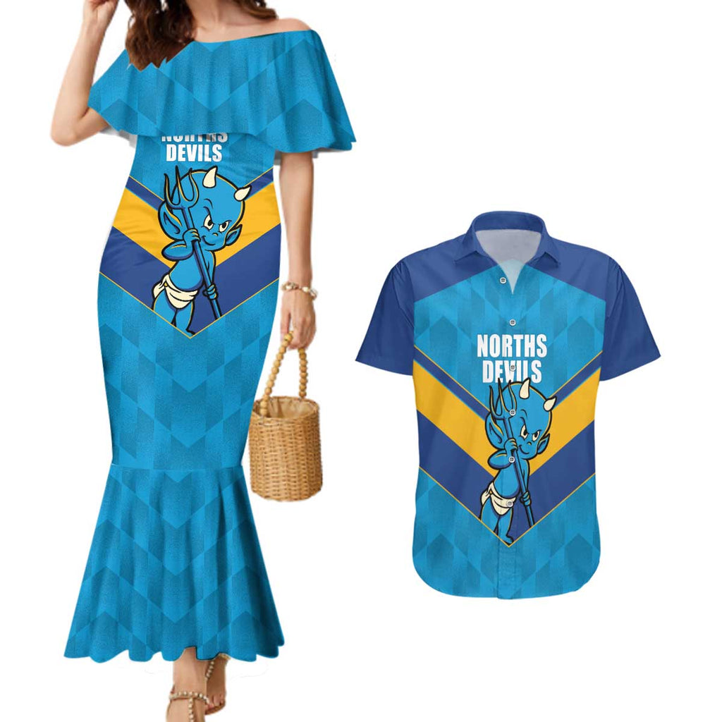 Norths Rugby Custom Couples Matching Mermaid Dress and Hawaiian Shirt Go Devils Mascot Sporty Style - Aussie Hoodie