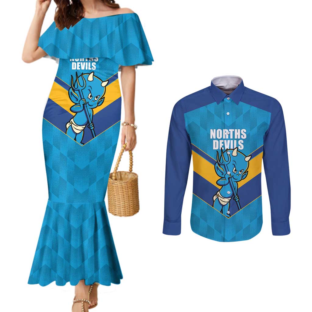 Norths Rugby Custom Couples Matching Mermaid Dress and Long Sleeve Button Shirt Go Devils Mascot Sporty Style - Aussie Hoodie