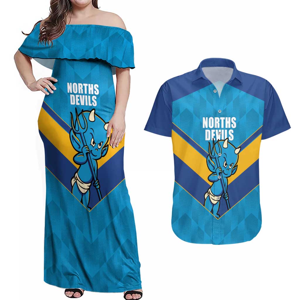 Norths Rugby Custom Couples Matching Off Shoulder Maxi Dress and Hawaiian Shirt Go Devils Mascot Sporty Style - Aussie Hoodie