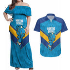 Norths Rugby Custom Couples Matching Off Shoulder Maxi Dress and Hawaiian Shirt Go Devils Mascot Sporty Style - Aussie Hoodie