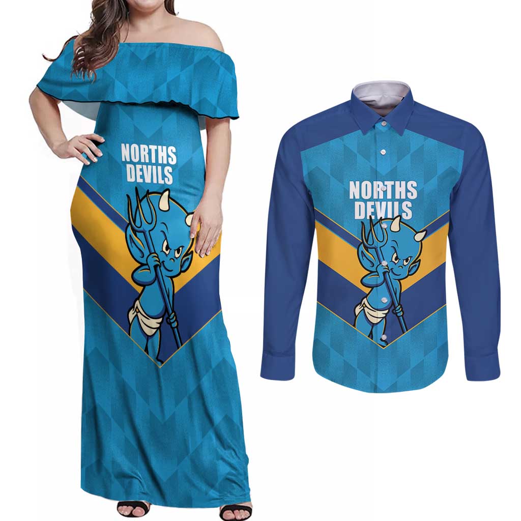 Norths Rugby Custom Couples Matching Off Shoulder Maxi Dress and Long Sleeve Button Shirt Go Devils Mascot Sporty Style - Aussie Hoodie