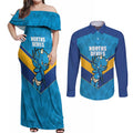 Norths Rugby Custom Couples Matching Off Shoulder Maxi Dress and Long Sleeve Button Shirt Go Devils Mascot Sporty Style - Aussie Hoodie