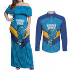 Norths Rugby Custom Couples Matching Off Shoulder Maxi Dress and Long Sleeve Button Shirt Go Devils Mascot Sporty Style - Aussie Hoodie