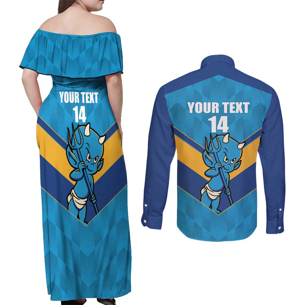 Norths Rugby Custom Couples Matching Off Shoulder Maxi Dress and Long Sleeve Button Shirt Go Devils Mascot Sporty Style - Aussie Hoodie