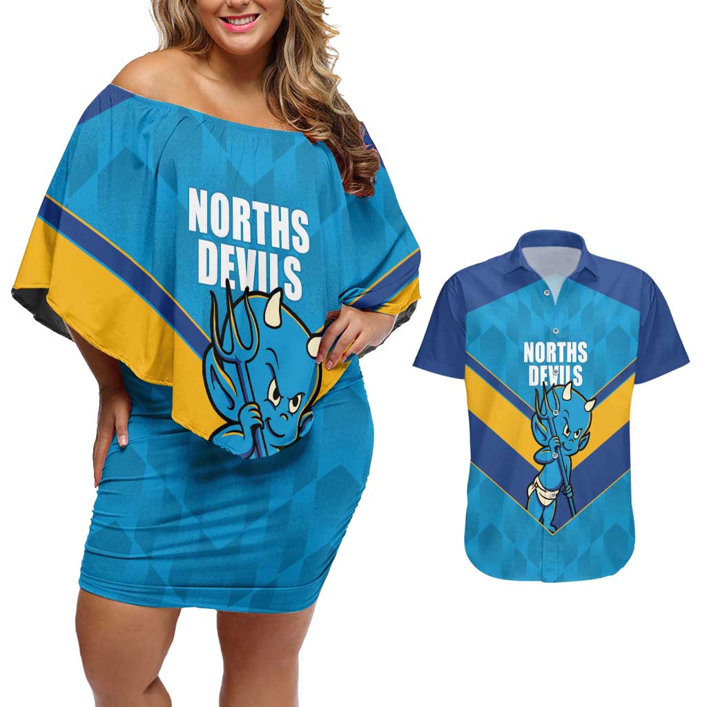 Norths Rugby Custom Couples Matching Off Shoulder Short Dress and Hawaiian Shirt Go Devils Mascot Sporty Style - Aussie Hoodie