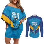 Norths Rugby Custom Couples Matching Off Shoulder Short Dress and Long Sleeve Button Shirt Go Devils Mascot Sporty Style - Aussie Hoodie