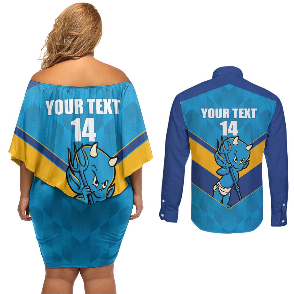 Norths Rugby Custom Couples Matching Off Shoulder Short Dress and Long Sleeve Button Shirt Go Devils Mascot Sporty Style - Aussie Hoodie
