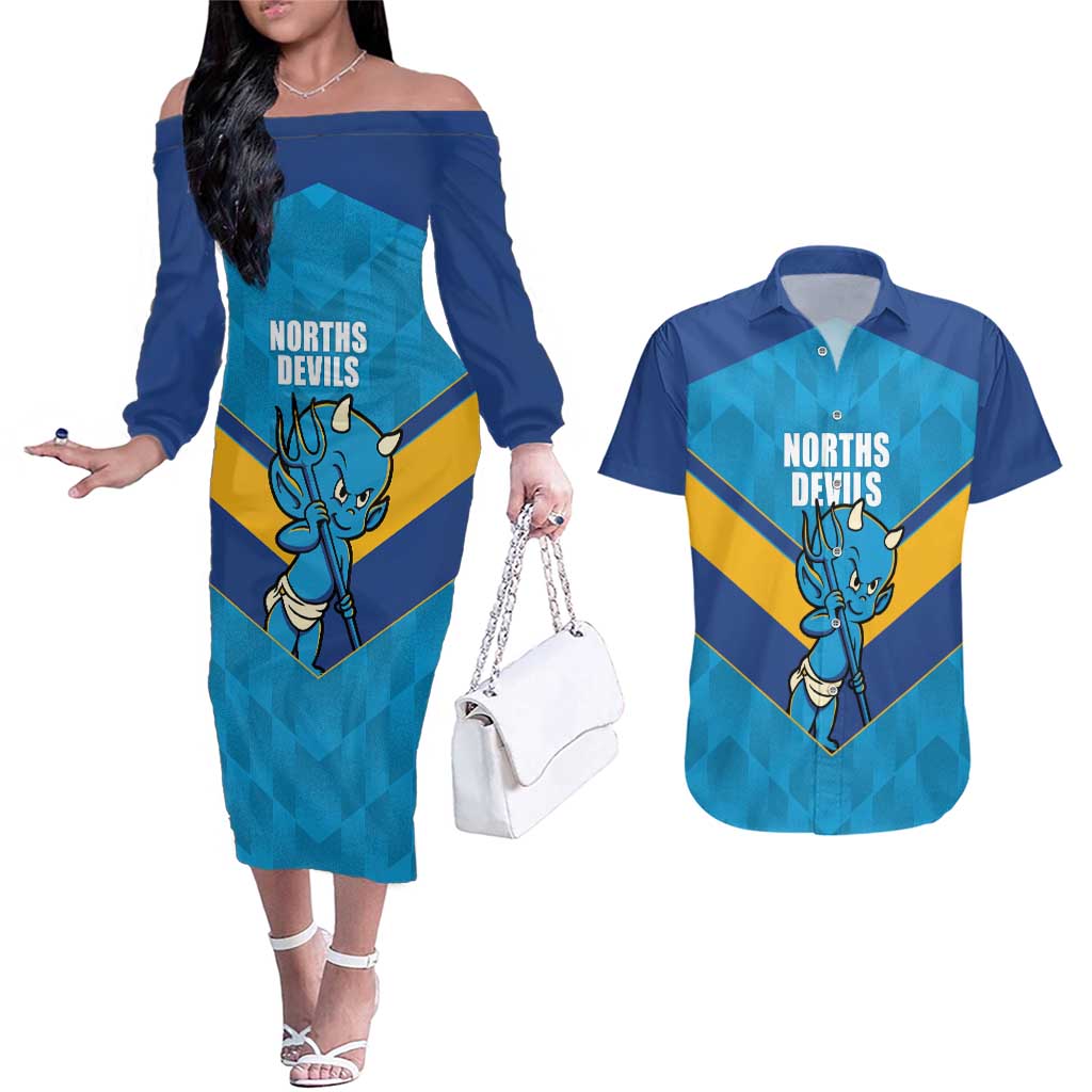 Norths Rugby Custom Couples Matching Off The Shoulder Long Sleeve Dress and Hawaiian Shirt Go Devils Mascot Sporty Style - Aussie Hoodie
