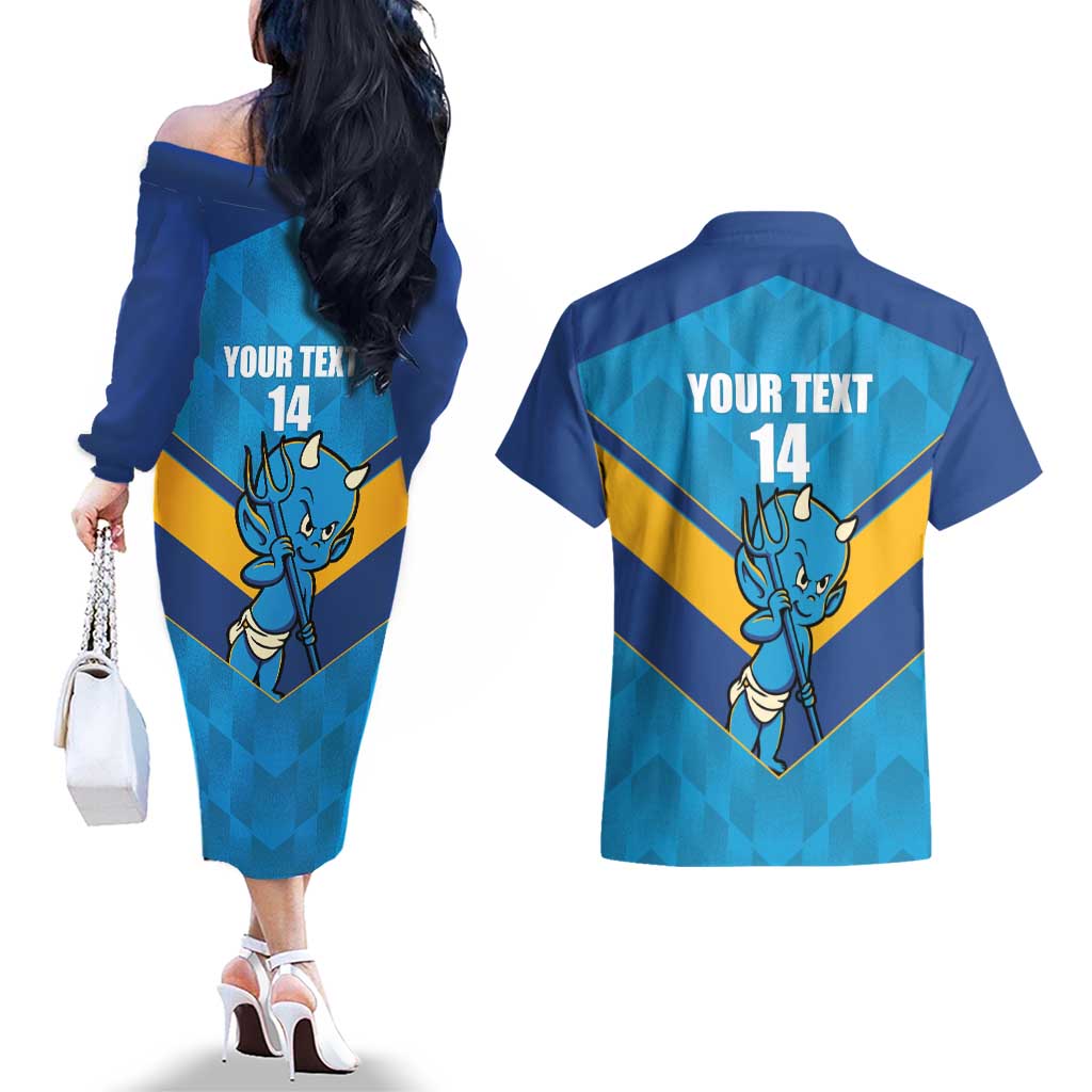 Norths Rugby Custom Couples Matching Off The Shoulder Long Sleeve Dress and Hawaiian Shirt Go Devils Mascot Sporty Style - Aussie Hoodie