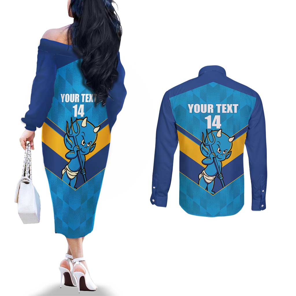 Norths Rugby Custom Couples Matching Off The Shoulder Long Sleeve Dress and Long Sleeve Button Shirt Go Devils Mascot Sporty Style - Aussie Hoodie