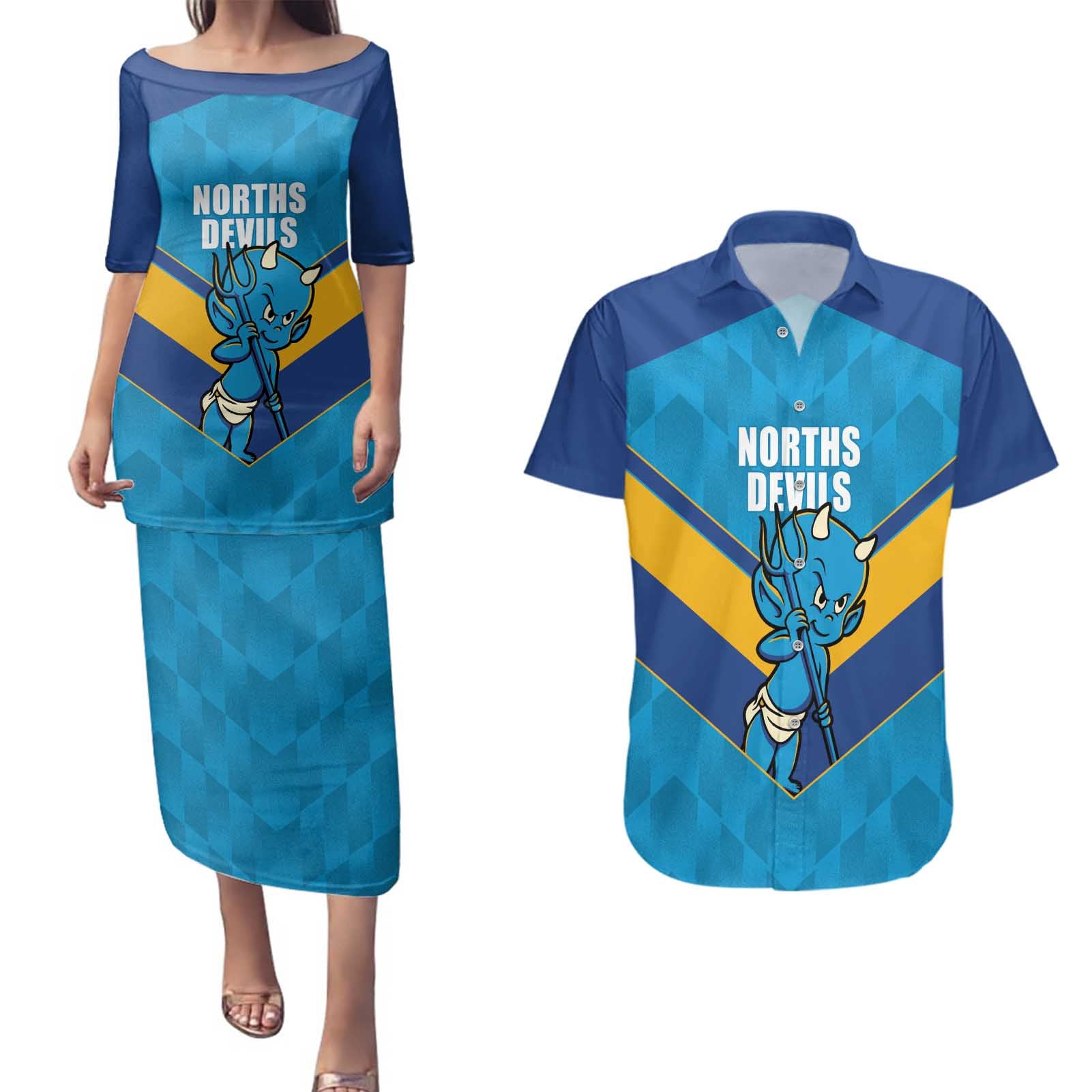 Norths Rugby Custom Couples Matching Puletasi and Hawaiian Shirt Go Devils Mascot Sporty Style - Aussie Hoodie
