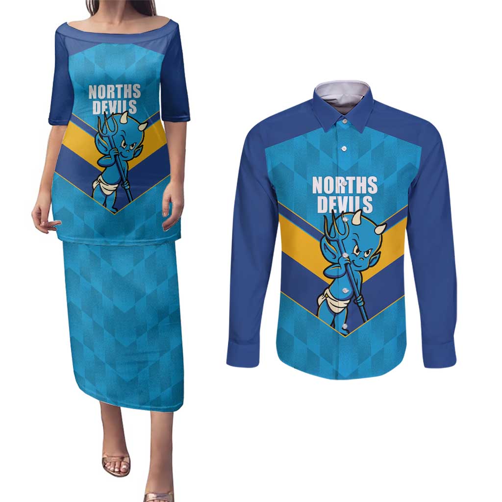 Norths Rugby Custom Couples Matching Puletasi and Long Sleeve Button Shirt Go Devils Mascot Sporty Style - Aussie Hoodie