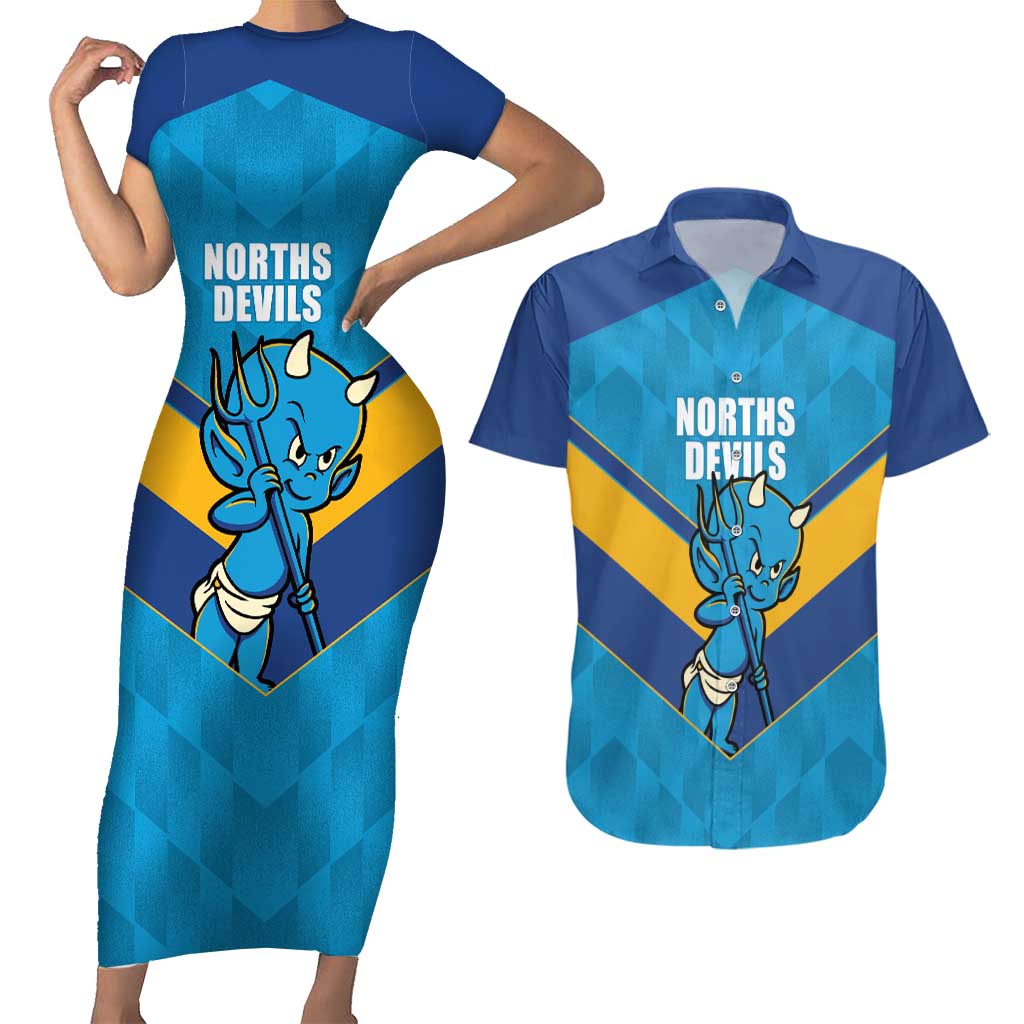 Norths Rugby Custom Couples Matching Short Sleeve Bodycon Dress and Hawaiian Shirt Go Devils Mascot Sporty Style - Aussie Hoodie