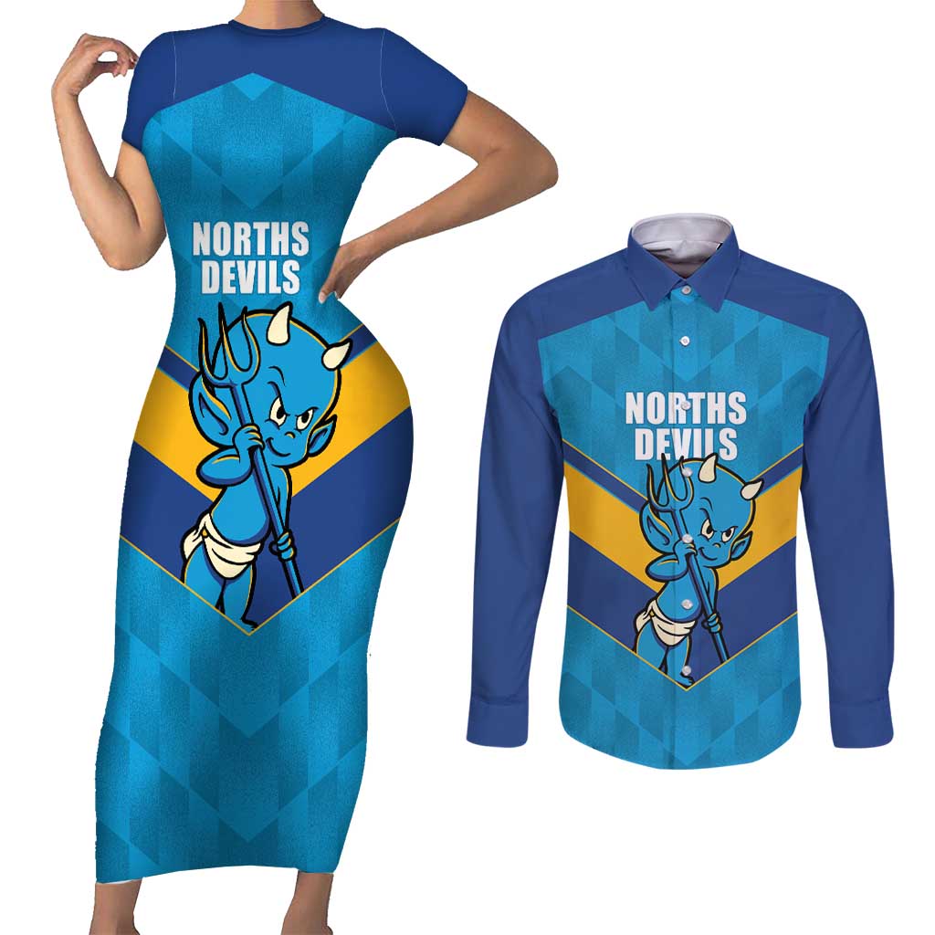 Norths Rugby Custom Couples Matching Short Sleeve Bodycon Dress and Long Sleeve Button Shirt Go Devils Mascot Sporty Style - Aussie Hoodie