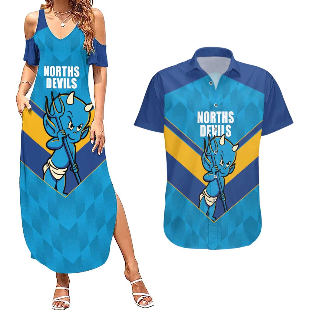 Norths Rugby Custom Couples Matching Summer Maxi Dress and Hawaiian Shirt Go Devils Mascot Sporty Style - Aussie Hoodie