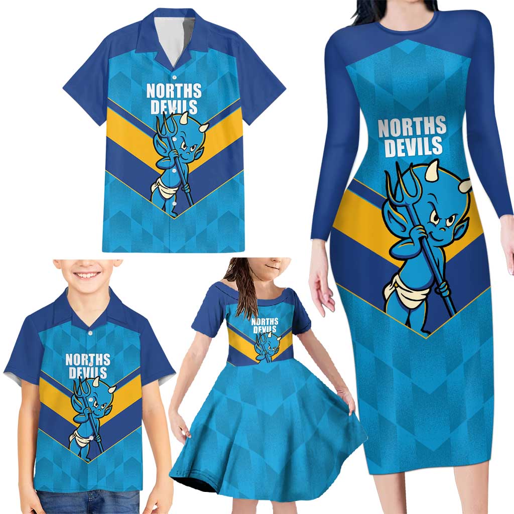 Norths Rugby Custom Family Matching Long Sleeve Bodycon Dress and Hawaiian Shirt Go Devils Mascot Sporty Style - Aussie Hoodie