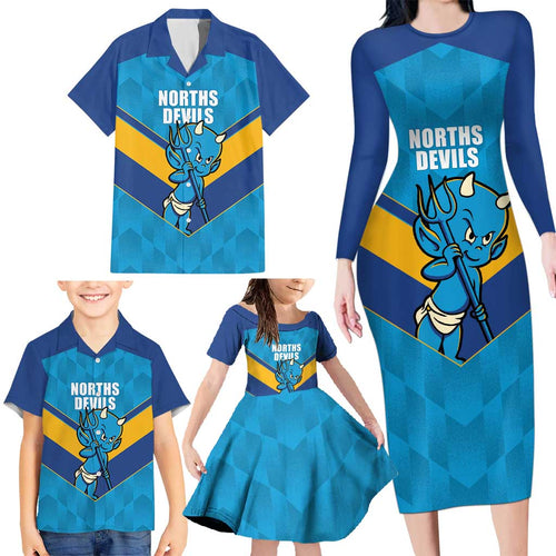 Norths Rugby Custom Family Matching Long Sleeve Bodycon Dress and Hawaiian Shirt Go Devils Mascot Sporty Style - Aussie Hoodie