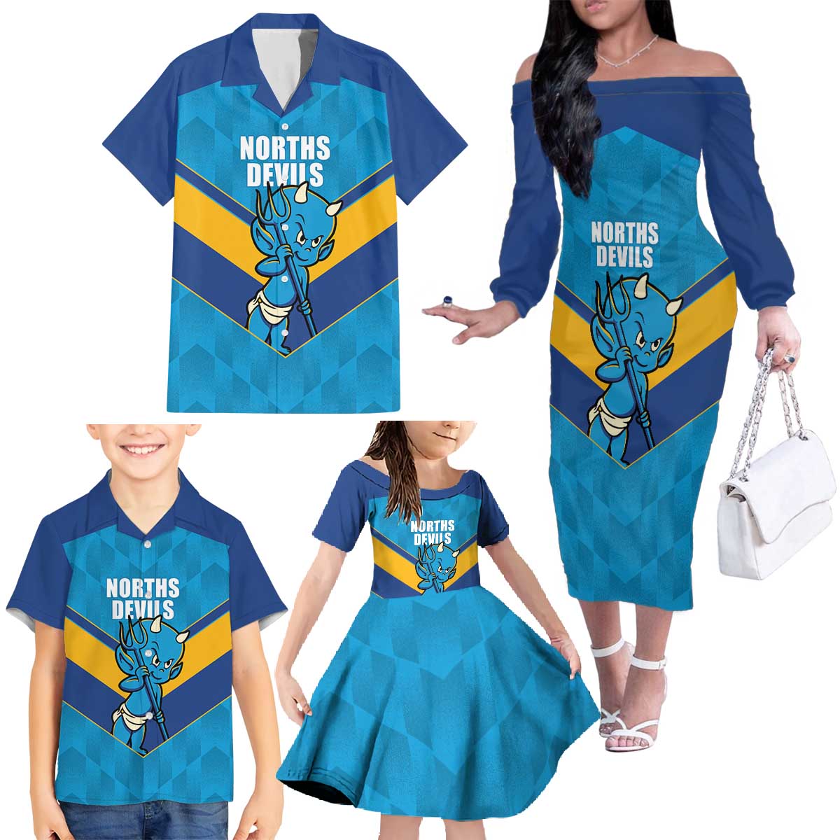 Norths Rugby Custom Family Matching Off The Shoulder Long Sleeve Dress and Hawaiian Shirt Go Devils Mascot Sporty Style - Aussie Hoodie