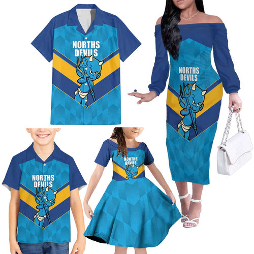 Norths Rugby Custom Family Matching Off The Shoulder Long Sleeve Dress and Hawaiian Shirt Go Devils Mascot Sporty Style - Aussie Hoodie