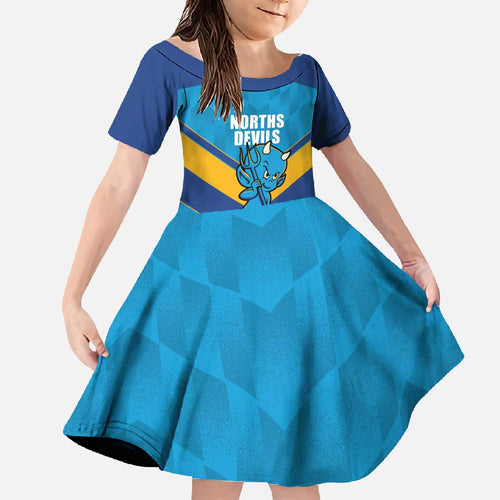 Norths Rugby Custom Family Matching Off The Shoulder Long Sleeve Dress and Hawaiian Shirt Go Devils Mascot Sporty Style - Aussie Hoodie