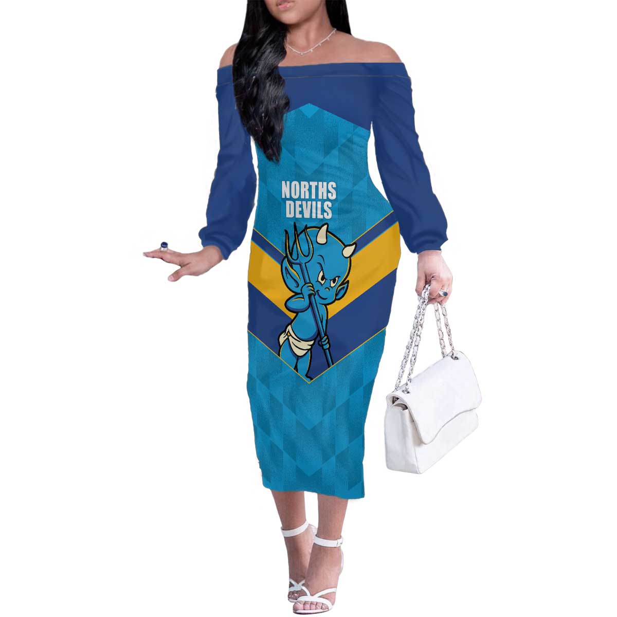 Norths Rugby Custom Family Matching Off The Shoulder Long Sleeve Dress and Hawaiian Shirt Go Devils Mascot Sporty Style - Aussie Hoodie