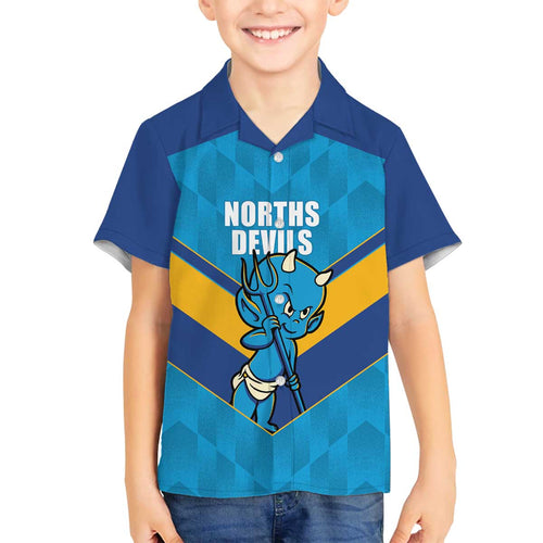 Norths Rugby Custom Family Matching Off The Shoulder Long Sleeve Dress and Hawaiian Shirt Go Devils Mascot Sporty Style - Aussie Hoodie