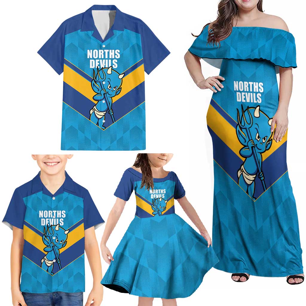 Norths Rugby Custom Family Matching Off Shoulder Maxi Dress and Hawaiian Shirt Go Devils Mascot Sporty Style - Aussie Hoodie