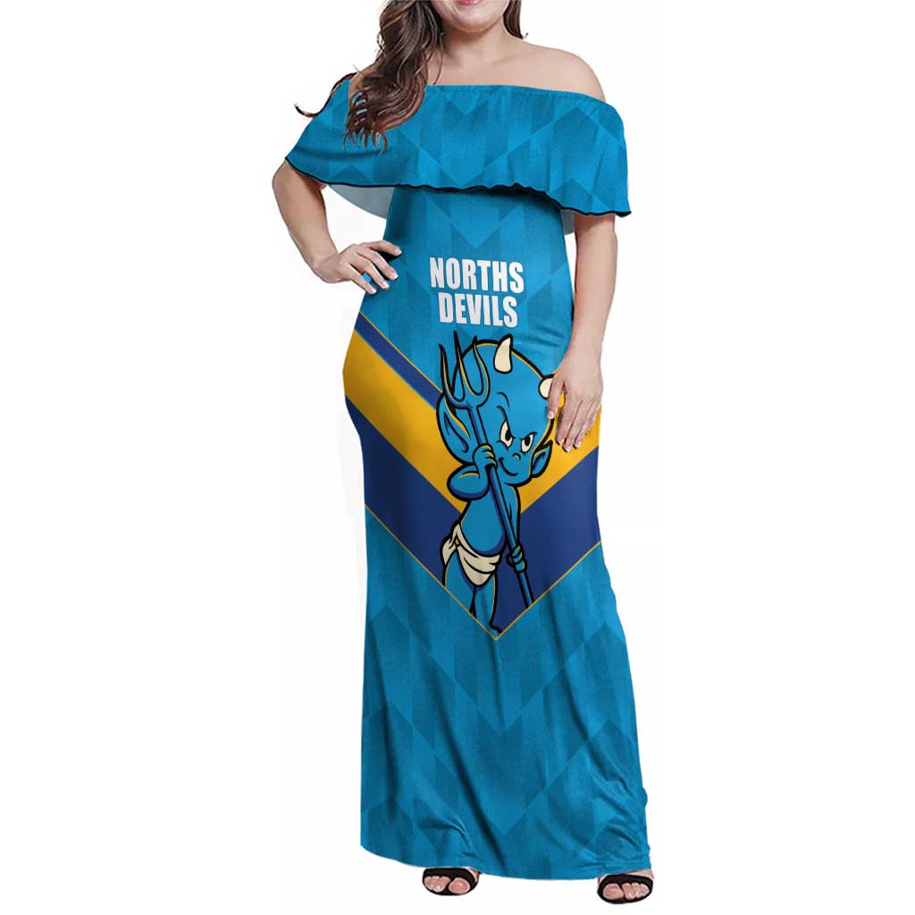 Norths Rugby Custom Family Matching Off Shoulder Maxi Dress and Hawaiian Shirt Go Devils Mascot Sporty Style - Aussie Hoodie