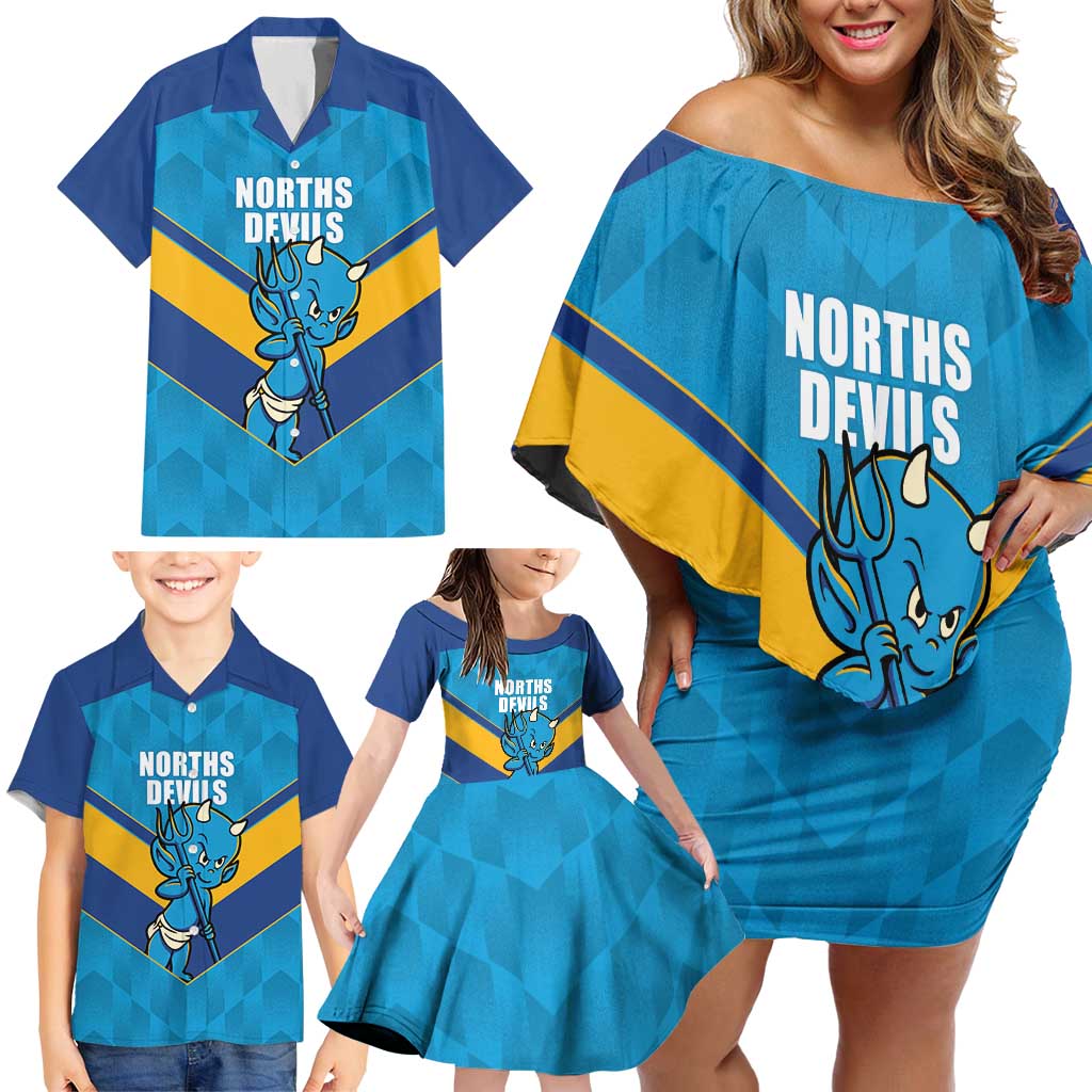 Norths Rugby Custom Family Matching Off Shoulder Short Dress and Hawaiian Shirt Go Devils Mascot Sporty Style - Aussie Hoodie