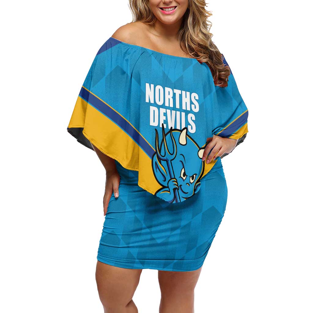Norths Rugby Custom Family Matching Off Shoulder Short Dress and Hawaiian Shirt Go Devils Mascot Sporty Style - Aussie Hoodie