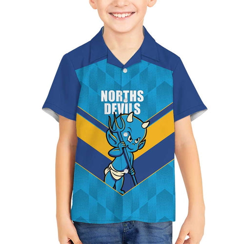 Norths Rugby Custom Family Matching Off Shoulder Short Dress and Hawaiian Shirt Go Devils Mascot Sporty Style - Aussie Hoodie