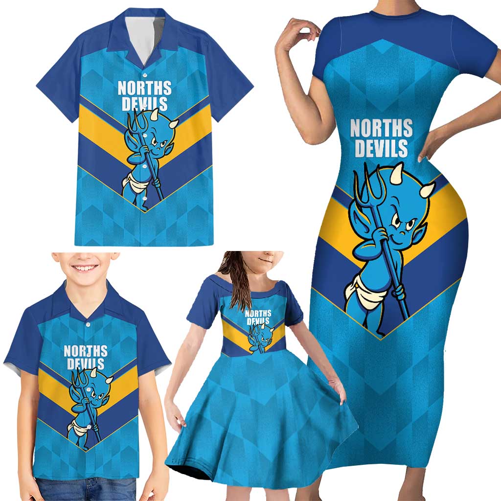 Norths Rugby Custom Family Matching Short Sleeve Bodycon Dress and Hawaiian Shirt Go Devils Mascot Sporty Style - Aussie Hoodie