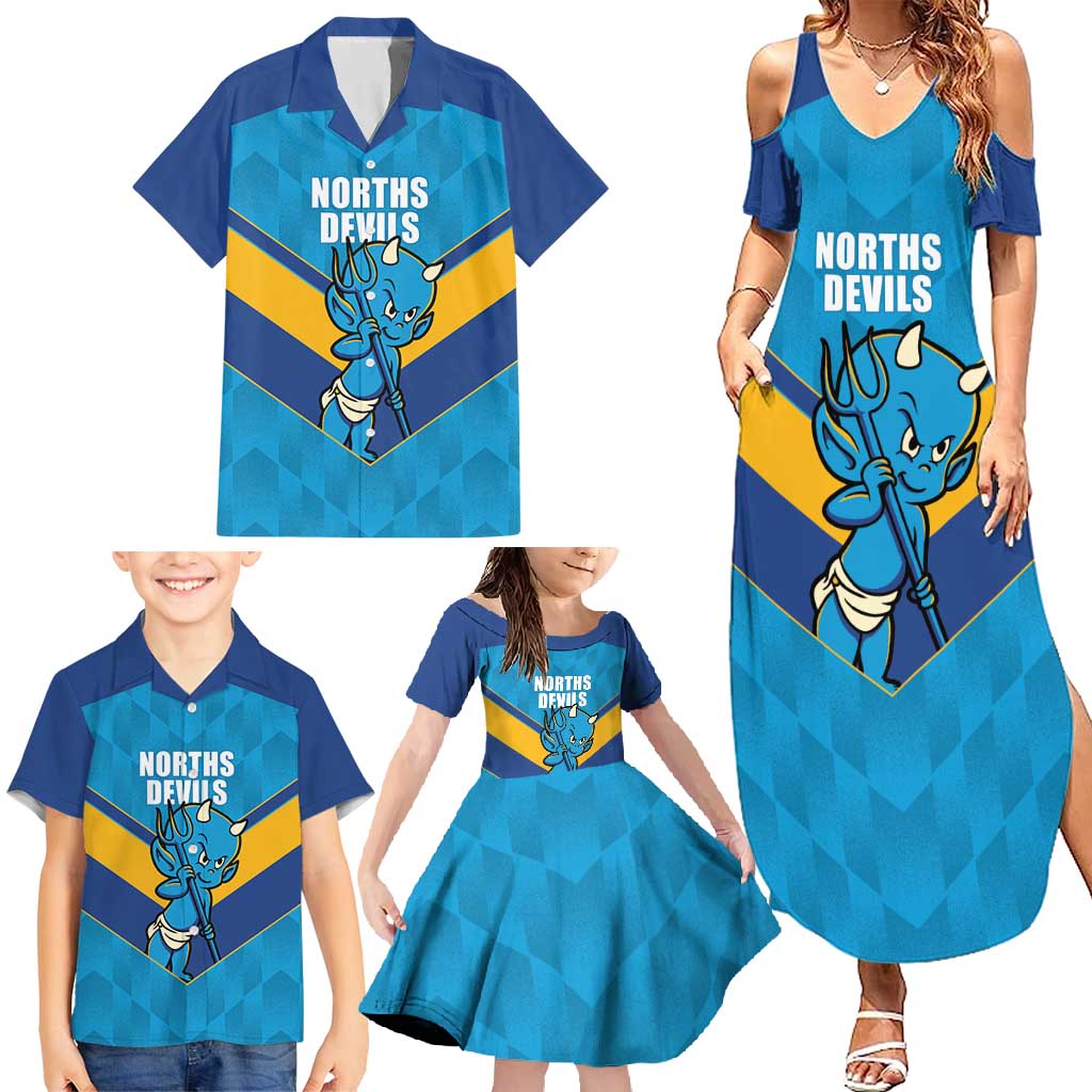 Norths Rugby Custom Family Matching Summer Maxi Dress and Hawaiian Shirt Go Devils Mascot Sporty Style - Aussie Hoodie