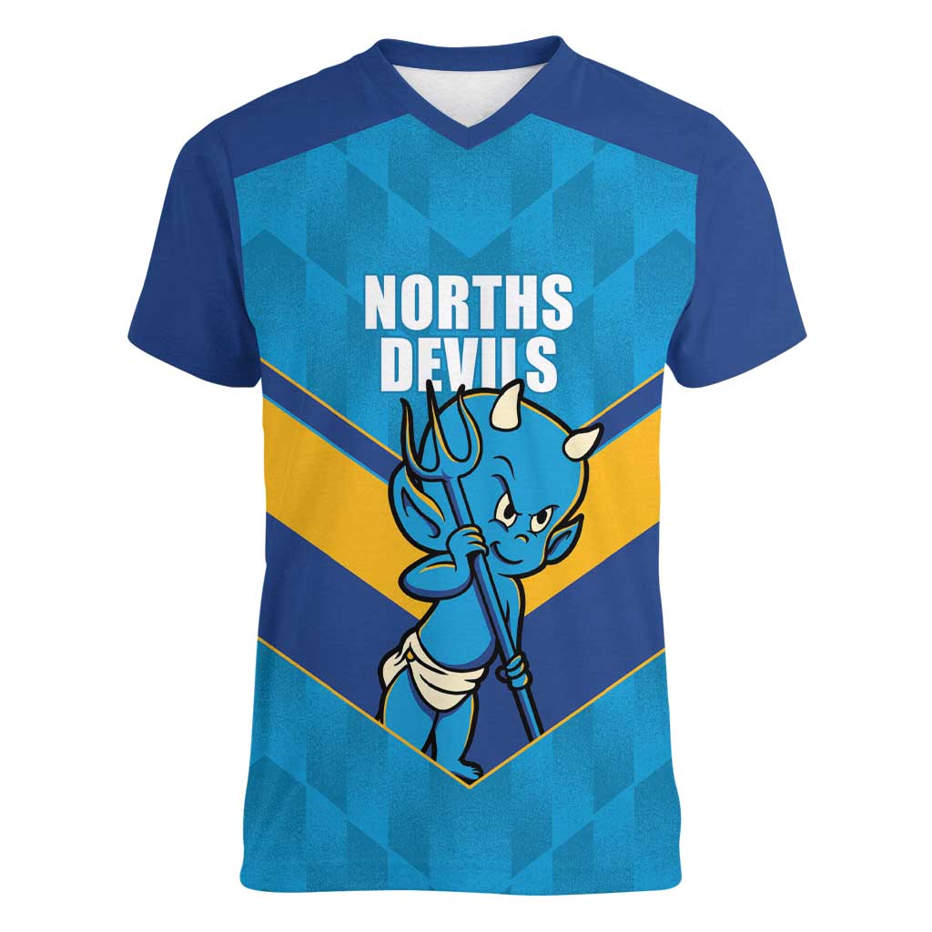 Norths Rugby Custom Women V-Neck T-Shirt Go Devils Mascot Sporty Style - Aussie Hoodie