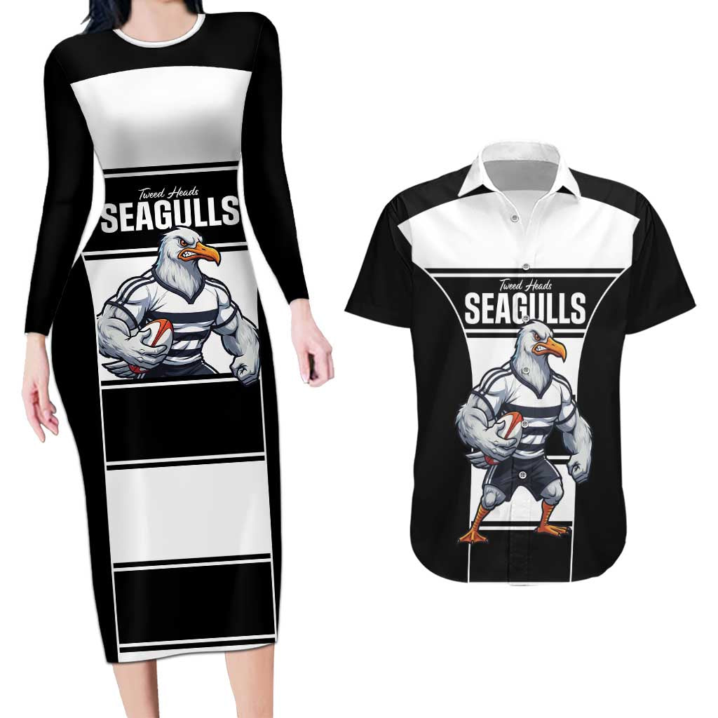 Tweed Heads Rugby Custom Couples Matching Long Sleeve Bodycon Dress and Hawaiian Shirt Go Seagulls Mascot Sporty Style - Aussie Hoodie