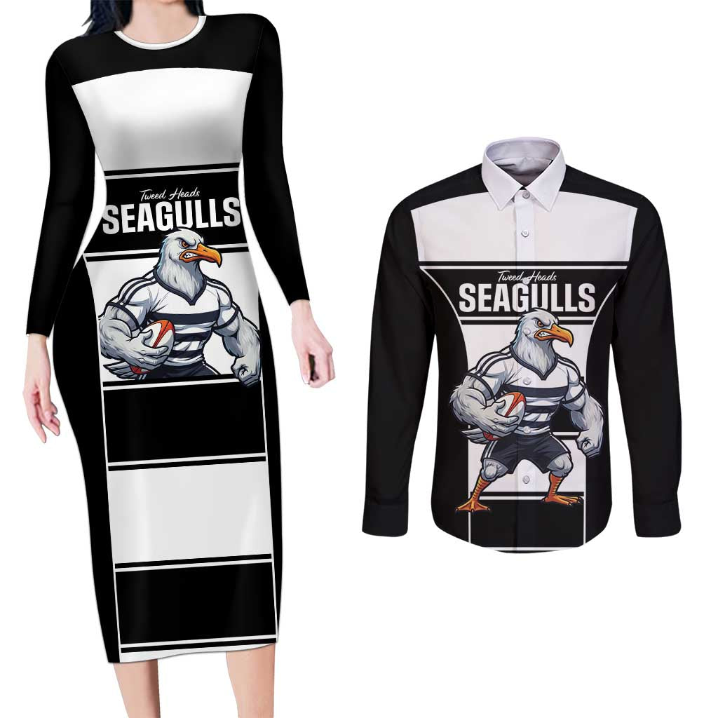 Tweed Heads Rugby Custom Couples Matching Long Sleeve Bodycon Dress and Long Sleeve Button Shirt Go Seagulls Mascot Sporty Style - Aussie Hoodie