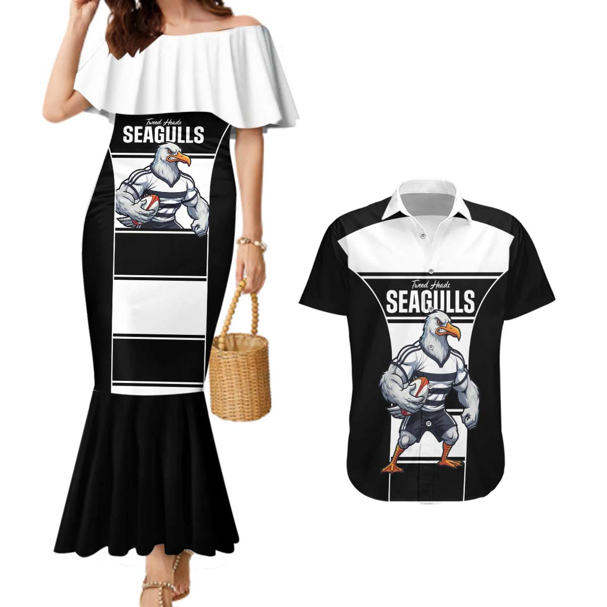 Tweed Heads Rugby Custom Couples Matching Mermaid Dress and Hawaiian Shirt Go Seagulls Mascot Sporty Style - Aussie Hoodie