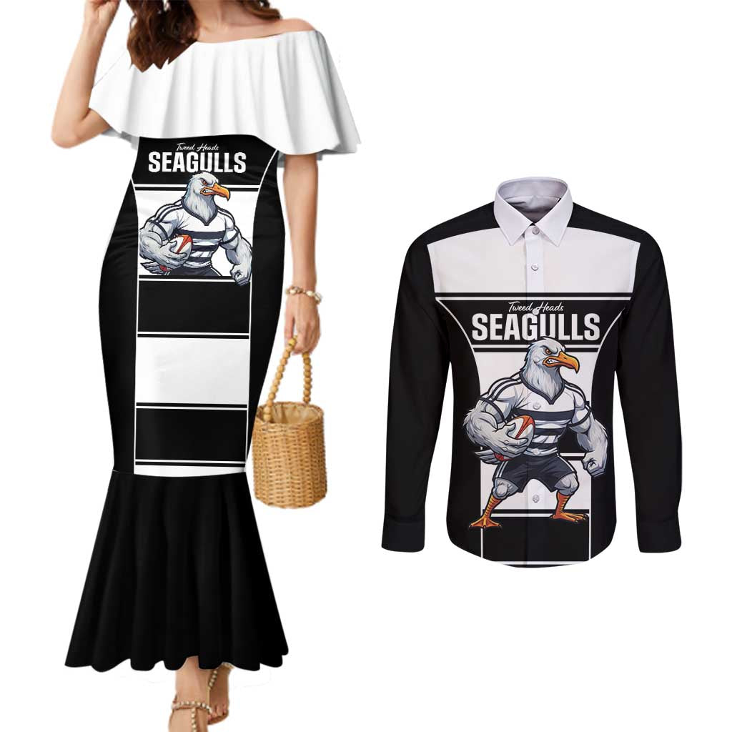 Tweed Heads Rugby Custom Couples Matching Mermaid Dress and Long Sleeve Button Shirt Go Seagulls Mascot Sporty Style - Aussie Hoodie