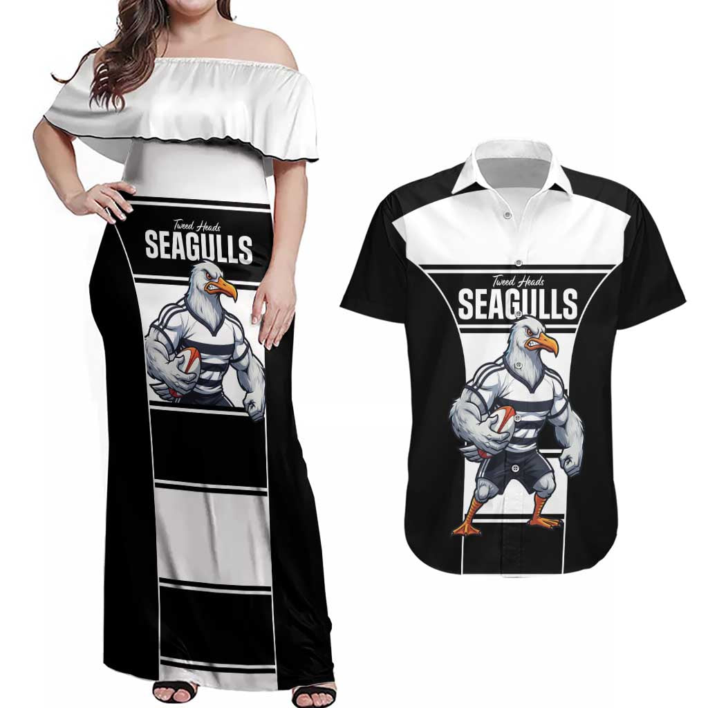 Tweed Heads Rugby Custom Couples Matching Off Shoulder Maxi Dress and Hawaiian Shirt Go Seagulls Mascot Sporty Style - Aussie Hoodie