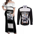 Tweed Heads Rugby Custom Couples Matching Off Shoulder Maxi Dress and Long Sleeve Button Shirt Go Seagulls Mascot Sporty Style - Aussie Hoodie