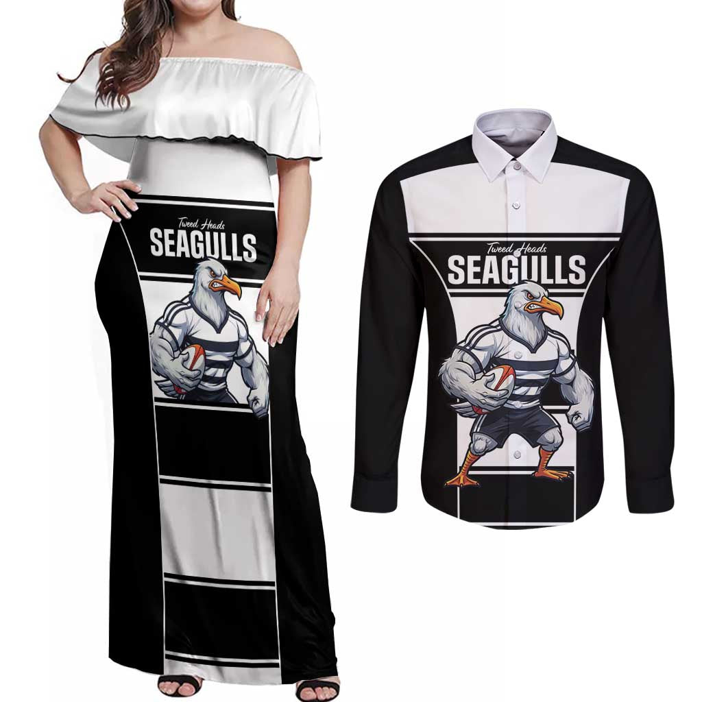Tweed Heads Rugby Custom Couples Matching Off Shoulder Maxi Dress and Long Sleeve Button Shirt Go Seagulls Mascot Sporty Style - Aussie Hoodie