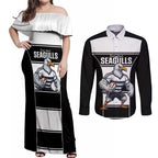 Tweed Heads Rugby Custom Couples Matching Off Shoulder Maxi Dress and Long Sleeve Button Shirt Go Seagulls Mascot Sporty Style - Aussie Hoodie