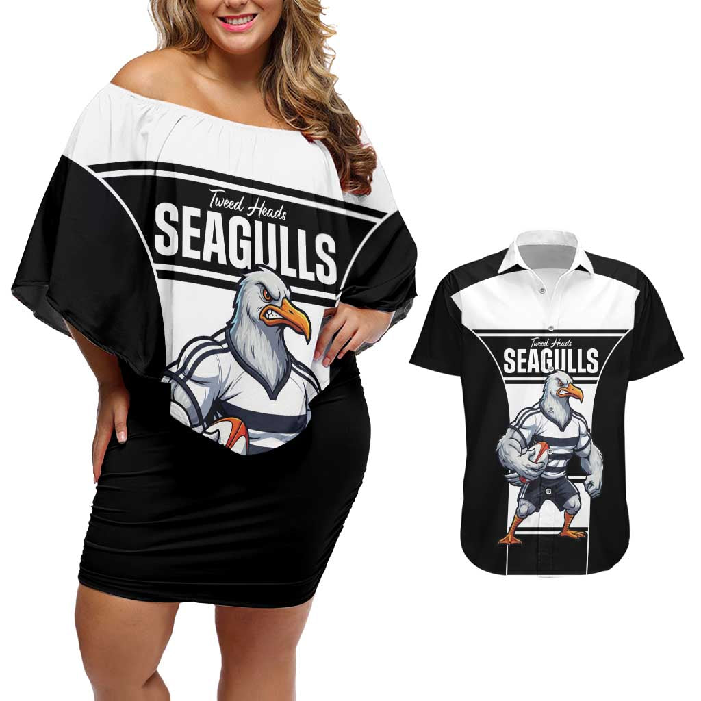 Tweed Heads Rugby Custom Couples Matching Off Shoulder Short Dress and Hawaiian Shirt Go Seagulls Mascot Sporty Style - Aussie Hoodie
