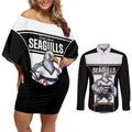 Tweed Heads Rugby Custom Couples Matching Off Shoulder Short Dress and Long Sleeve Button Shirt Go Seagulls Mascot Sporty Style - Aussie Hoodie