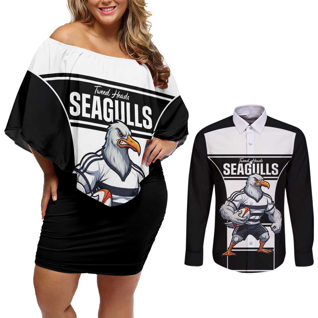 Tweed Heads Rugby Custom Couples Matching Off Shoulder Short Dress and Long Sleeve Button Shirt Go Seagulls Mascot Sporty Style - Aussie Hoodie