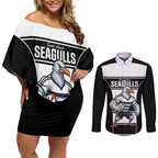 Tweed Heads Rugby Custom Couples Matching Off Shoulder Short Dress and Long Sleeve Button Shirt Go Seagulls Mascot Sporty Style - Aussie Hoodie