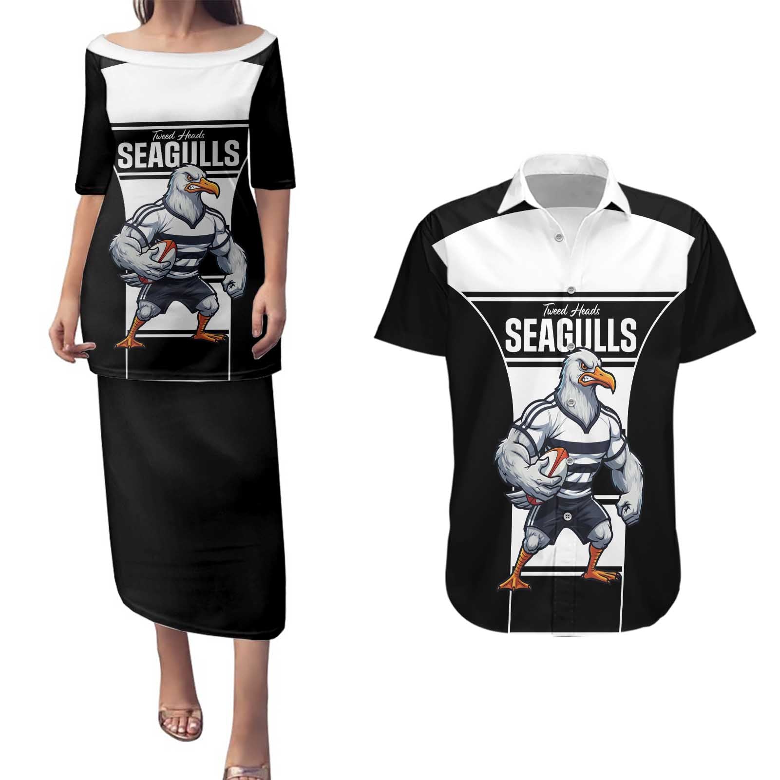 Tweed Heads Rugby Custom Couples Matching Puletasi and Hawaiian Shirt Go Seagulls Mascot Sporty Style - Aussie Hoodie