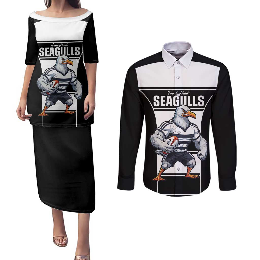 Tweed Heads Rugby Custom Couples Matching Puletasi and Long Sleeve Button Shirt Go Seagulls Mascot Sporty Style - Aussie Hoodie