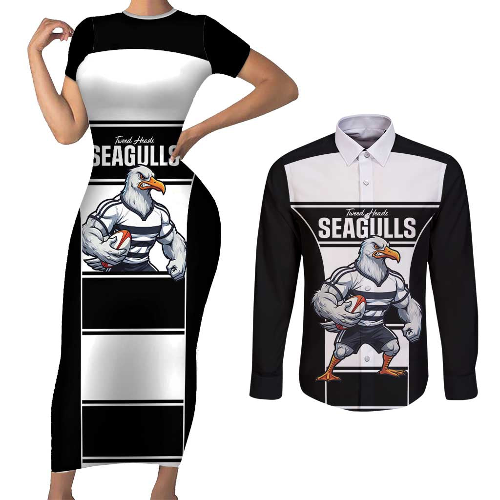 Tweed Heads Rugby Custom Couples Matching Short Sleeve Bodycon Dress and Long Sleeve Button Shirt Go Seagulls Mascot Sporty Style - Aussie Hoodie